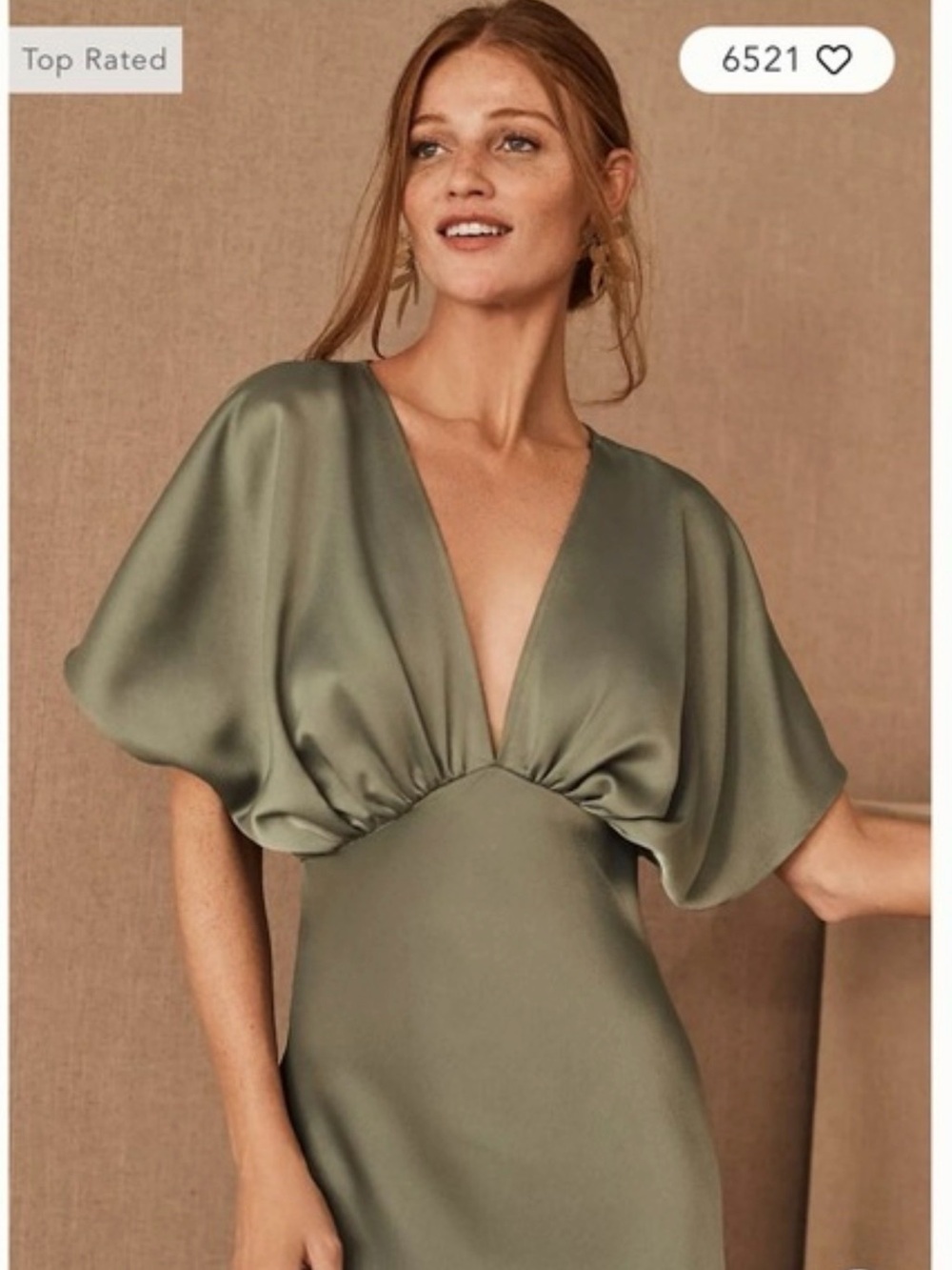 BHLDN Olive Green Satin V-Neck Flutter Sleeve Dress